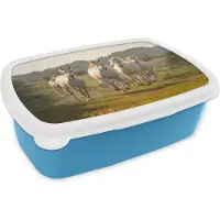 MuchoWow Broodtrommel Blauw - Lunchbox - Brooddoos - Galopperende witte paarden - 18x12x6 cm - Kinderen - Jongen
