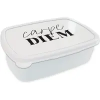 MuchoWow Broodtrommel Wit - Lunchbox Spreuken - Carpe diem - Pluk de dag - Quotes - Brooddoos 18x12x6 cm - Brood lunch box - Broodtrommels voor kinderen en volwassenen