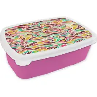 MuchoWow Broodtrommel Roze - Lunchbox Bladeren - Lijn - Patronen - Brooddoos 18x12x6 cm - Brood lunch box - Broodtrommels voor kinderen en volwassenen