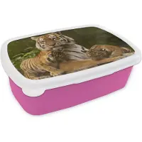 MuchoWow Broodtrommel Roze - Lunchbox - Brooddoos - Tijgers - Welpjes - Natuur - 18x12x6 cm - Kinderen - Meisje