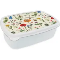 MuchoWow Broodtrommel Wit - Lunchbox - Brooddoos - Insecten - Bloemen - Zomer - Regenboog - Patroon - 18x12x6 cm - Volwassenen