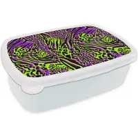 MuchoWow Broodtrommel Wit - Lunchbox Dierenprint - Neon - Paars - Groen - Brooddoos 18x12x6 cm - Brood lunch box - Broodtrommels voor kinderen en volwassenen