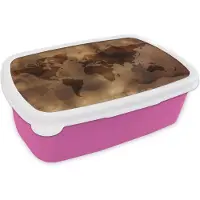 MuchoWow Broodtrommel Roze - Lunchbox - Brooddoos - Wereldkaart - Bruin - Patronen - 18x12x6 cm - Kinderen - Meisje