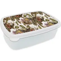 MuchoWow Broodtrommel Wit - Lunchbox - Brooddoos - Vlinder - Bloemen - Vintage - Patronen - 18x12x6 cm - Volwassenen