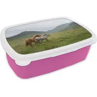 MuchoWow Broodtrommel Roze - Lunchbox - Brooddoos - Paarden - Gras - Bergen - 18x12x6 cm - Kinderen - Meisje