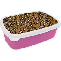MuchoWow Broodtrommel Roze - Lunchbox Panter - Design - Roze - Bruin - Patronen - Brooddoos 18x12x6 cm - Brood lunch box - Broodtrommels voor kinderen en volwassenen