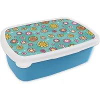 MuchoWow Broodtrommel Blauw - Lunchbox - Brooddoos - Bloemen - Vlinders - Patronen - 18x12x6 cm - Kinderen - Jongen