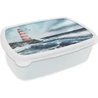 MuchoWow Broodtrommel Wit - Lunchbox - Brooddoos - Vuurtoren - Zee - Golf - 18x12x6 cm - Volwassenen