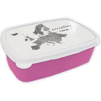 MuchoWow Broodtrommel Roze - Lunchbox - Brooddoos - Europakaart in grijze waterverf met de quote Adventure more - zwart wit - 18x12x6 cm - Kinderen - Meisje