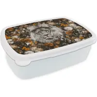 MuchoWow Broodtrommel Wit - Lunchbox - Brooddoos - Bloemen - Leeuw - Zwart - Wit - 18x12x6 cm - Volwassenen