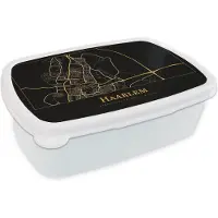 MuchoWow Broodtrommel Wit - Lunchbox - Brooddoos - Kaart - Haarlem - Goud - Zwart - 18x12x6 cm - Volwassenen