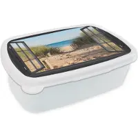 MuchoWow Broodtrommel Wit - Lunchbox - Brooddoos - Doorkijk - Strand - Zee - Zand - Water - Helmgras - Duinen - 18x12x6 cm - Volwassenen