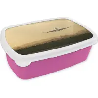 MuchoWow Broodtrommel Roze - Lunchbox - Brooddoos - Een vliegtuig dat van een luchthaven opstijgt - 18x12x6 cm - Kinderen - Meisje