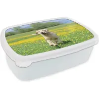MuchoWow Broodtrommel Wit - Lunchbox - Brooddoos - Golden Retriever met een tak in de mond tussen de gele bloemen - 18x12x6 cm - Volwassenen