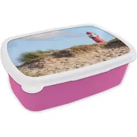 MuchoWow Broodtrommel Roze - Lunchbox - Brooddoos - Strand - Vuurtoren - Duin - 18x12x6 cm - Kinderen - Meisje