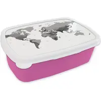 MuchoWow Broodtrommel Roze - Lunchbox - Brooddoos - Gemarkeerde landen op een wereldkaart - zwart wit - 18x12x6 cm - Kinderen - Meisje