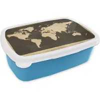 MuchoWow Broodtrommel Blauw - Lunchbox - Brooddoos - Wereldkaart - Vintage - Hout - 18x12x6 cm - Kinderen - Jongen