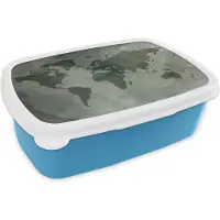 MuchoWow Broodtrommel Blauw - Lunchbox - Brooddoos - Wereldkaart - Waterverf - Grijs - 18x12x6 cm - Kinderen - Jongen