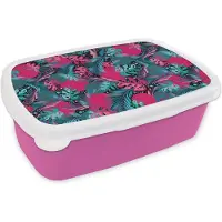 MuchoWow Broodtrommel Roze - Lunchbox - Brooddoos - Bladeren - Hawaii - Design - Roze - Blauw - 18x12x6 cm - Kinderen - Meisje