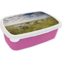 MuchoWow Broodtrommel Roze - Lunchbox - Brooddoos - Bijen - Bloem - Lucht - 18x12x6 cm - Kinderen - Meisje