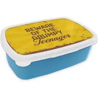 MuchoWow Broodtrommel Blauw - Lunchbox - Brooddoos - Kids - Quotes - Vintage - Beware of the grumpy teenager - 18x12x6 cm - Kinderen - Jongen