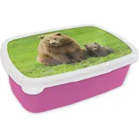 MuchoWow Broodtrommel Roze - Lunchbox - Brooddoos - Beer - Gras - Welp - 18x12x6 cm - Kinderen - Meisje