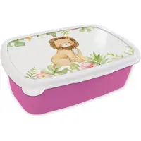 MuchoWow Broodtrommel Roze - Lunchbox - Brooddoos - Leeuw - Jungle - Planten - Bloemen - 18x12x6 cm - Kinderen - Meisje
