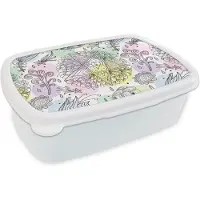 MuchoWow Broodtrommel Wit - Lunchbox - Brooddoos - Meiden - Bloemen - Sterretjes - Patronen - Girl - Kids - Kinderen - 18x12x6 cm - Volwassenen