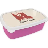 MuchoWow Broodtrommel Roze - Lunchbox - Brooddoos - New York - Rood - Vrijheidsbeeld - 18x12x6 cm - Kinderen - Meisje