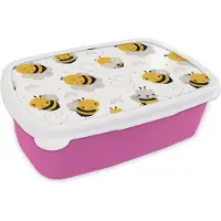 MuchoWow Broodtrommel Roze - Lunchbox - Brooddoos - Bijen - Patronen - Kawaii - 18x12x6 cm - Kinderen - Meisje