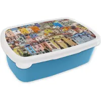 MuchoWow Broodtrommel Blauw - Lunchbox - Brooddoos - De kleurrijke huizen in Sardinië - 18x12x6 cm - Kinderen - Jongen