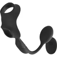 Rebel - penis- en teeltring met anale vibrator (zwart)