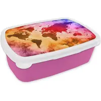 MuchoWow Broodtrommel Roze - Lunchbox - Brooddoos - Wereldkaart - Kleur - Abstract - 18x12x6 cm - Kinderen - Meisje