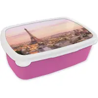 MuchoWow Broodtrommel Roze - Lunchbox - Brooddoos - Uitzicht over Parijs met de Eiffeltoren die erboven uit steekt - 18x12x6 cm - Kinderen - Meisje
