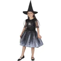 Merkloos Spiderweb witch jurkje kids (Zwart en zilver, 104 / 116 (4-6 jaar))