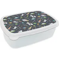 MuchoWow Broodtrommel Wit - Lunchbox - Brooddoos - Astronaut - Ufo - Regenboog - Patronen - 18x12x6 cm - Volwassenen