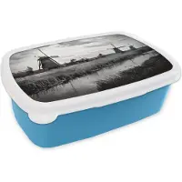 MuchoWow Broodtrommel Blauw - Lunchbox - Brooddoos - Molen - Nederland - Water - Zwart - Wit - 18x12x6 cm - Kinderen - Jongen