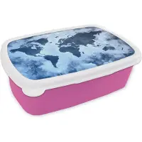 MuchoWow Broodtrommel Roze - Lunchbox - Brooddoos - Wereldkaart - Kleur - Blauw - 18x12x6 cm - Kinderen - Meisje