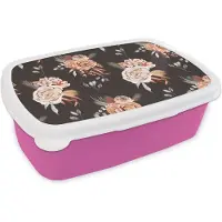 MuchoWow Broodtrommel Roze - Lunchbox - Brooddoos - Bloemen - Bladeren - Natuur - 18x12x6 cm - Kinderen - Meisje