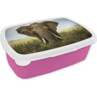 MuchoWow Broodtrommel Roze - Lunchbox - Brooddoos - Olifant - Dieren - Gras - 18x12x6 cm - Kinderen - Meisje