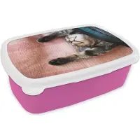 MuchoWow Broodtrommel Roze - Lunchbox - Brooddoos - Slapende kat op een kleed - 18x12x6 cm - Kinderen - Meisje