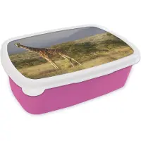 MuchoWow Broodtrommel Roze - Lunchbox - Brooddoos - Giraffe - Landschap - Afrika - 18x12x6 cm - Kinderen - Meisje