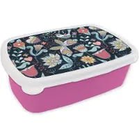 MuchoWow Broodtrommel Roze - Lunchbox - Brooddoos - Vlinder - Vogel - Bloem - Patroon - 18x12x6 cm - Kinderen - Meisje