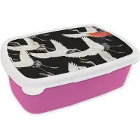 MuchoWow Broodtrommel Roze - Lunchbox - Brooddoos - Kraanvogel - Rood - Wit - Japandi - 18x12x6 cm - Kinderen - Meisje