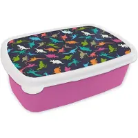 MuchoWow Broodtrommel Roze - Lunchbox - Brooddoos - Patronen - Dino - Kleuren - Jongens - Kinderen - Kids - Kind - 18x12x6 cm - Kinderen - Meisje