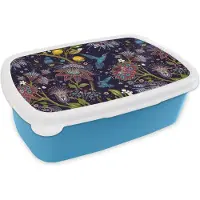 MuchoWow Broodtrommel Blauw - Lunchbox - Brooddoos - Patronen - Vogel - Bloemen - 18x12x6 cm - Kinderen - Jongen