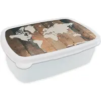 MuchoWow Broodtrommel Wit - Lunchbox - Brooddoos - Wereldkaart - Hout - Wit - 18x12x6 cm - Volwassenen