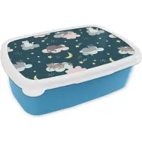 MuchoWow Broodtrommel Blauw - Lunchbox - Brooddoos - Patronen - Kat - Maan - Jongens - Meisjes - Kinderen - Kind - 18x12x6 cm - Kinderen - Jongen