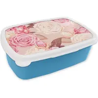 MuchoWow Broodtrommel Blauw - Lunchbox - Brooddoos - Rozen - Roze - Wit - Collage - 18x12x6 cm - Kinderen - Jongen