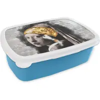 MuchoWow Broodtrommel Blauw - Lunchbox - Brooddoos - Meisje met de parel - Vermeer - Collage - 18x12x6 cm - Kinderen - Jongen